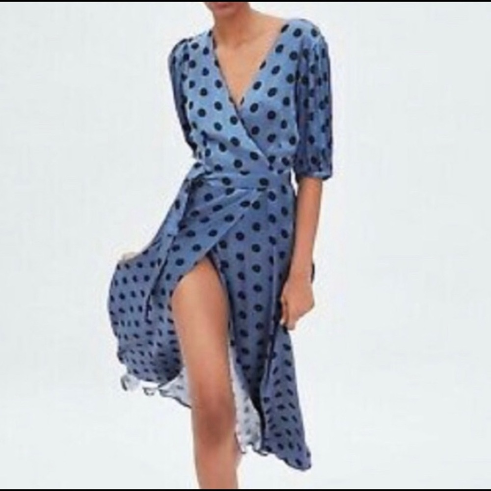 Zara blue silk dress with black polka dots